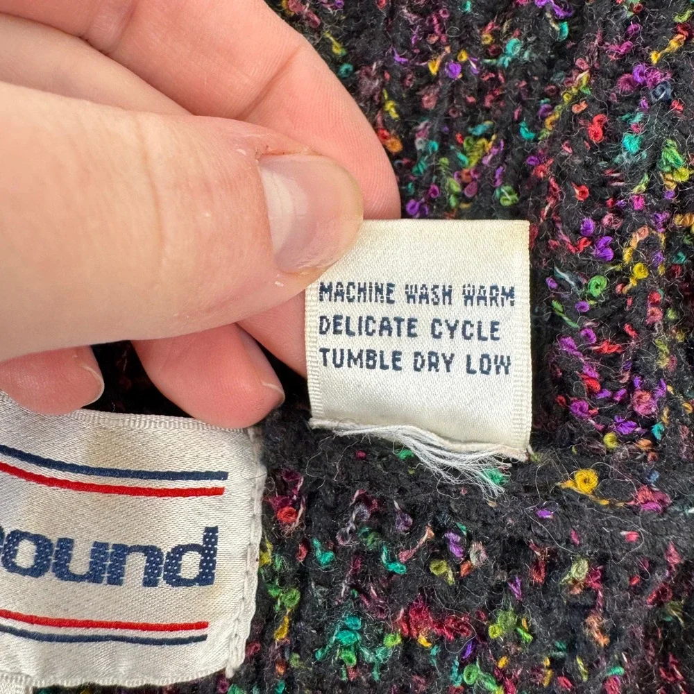 Westbound Vintage 80s Rainbow‎ Confetti Knit Open Cardigan Sweater Coat Black M